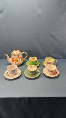 (5) Cups & Saucers & Arthur Wood Tea Pot w/Crazing