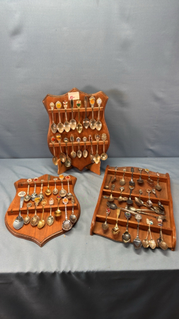 Approx 50 Collector Spoons in Wooden Racks