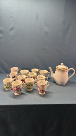 (12) Assorted Mugs & 8in Tea Pot