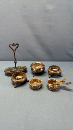 Qty of Vintage Salt Sells, Spoons & Shaker Stand