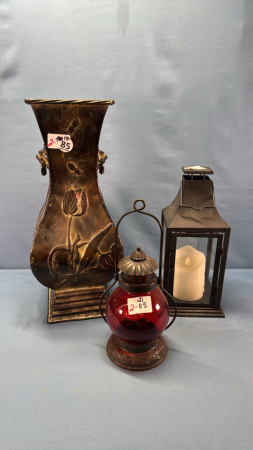 Decorative 17in High Metal Vase& (2) Lanterns