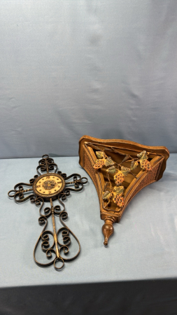 Rod Iron Battery Clock & Wooden & Metal Shelf