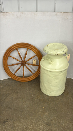 Painted Milk Can & 8 Spoke Wooden Wheel