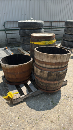 (1) WHISKEY BARREL & (3) OAK PLANTERS