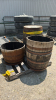 (1) WHISKEY BARREL & (3) OAK PLANTERS