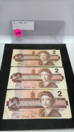 (3) 1986 Canadian $2 Dollar Bills