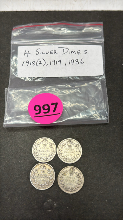 (2) 1918, (1) 1919, (1) 1936 Silver Cdn Dimes