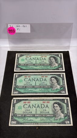 (3) 1867 to 1967 Canadian $1 Dollar Bills