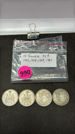 1956, 1958, 1959, 1961 Silver Cdn 50 Cent Coins