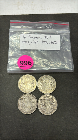 1942, 1943, 1944, 1952 Silver Cdn 50 Cent Coins