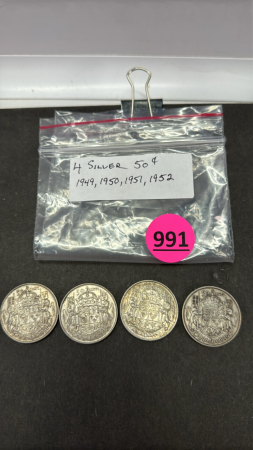 1949, 1950, 1951, 1952 Silver Cdn 50 Cent Coins
