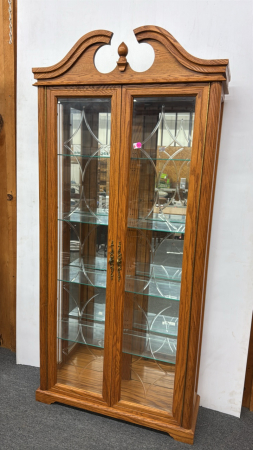 Oak China Cabinet with Glass Shelves & Light
