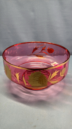 9in Cranberry Coloured Bowl w/Gold Embossing