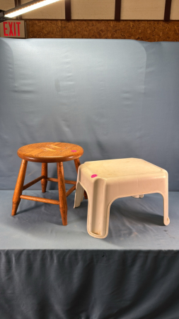 Oak Stool & Rubbermaid Stool