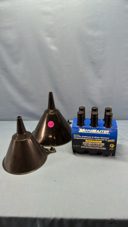 (2) Plastic Funnels &6 Bottles of Gas Line De-Icer
