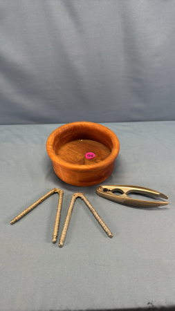7in Turned Wooden Bowl & 3 Nut Crackers