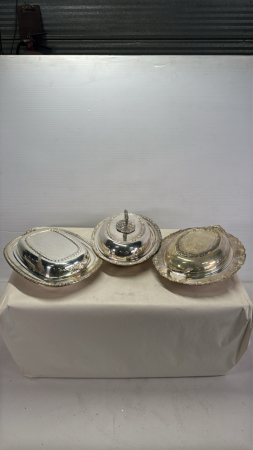 (3) 11in Silver Plate Serving Bowls with Lids