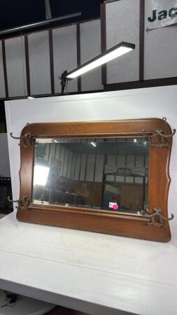 Oak Bevelled Wall Mirror with Hooks