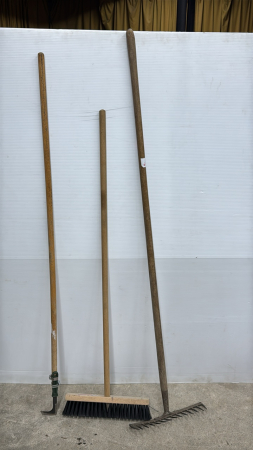 Garden Rake & 14in Broom and Homemade Weeder