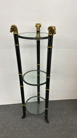 Metal &Glass 3 Shelf Stand w/Brass Ram Head Motief