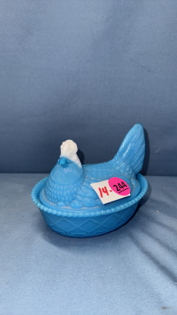 Blue&White Milk Glass Open Tailed Hen on the Nest