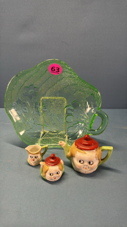 3PC Miniature Tea Set in 7in Green Glass Plate