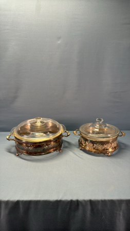 (2) Casseroles with Lids in Silver Plate Stands