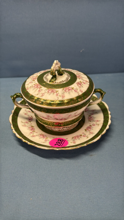 Green & Floral Double Handled Covered Soup Bowl