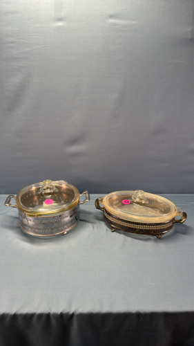 (2) Glass Casseroles in Silver Plate Stands