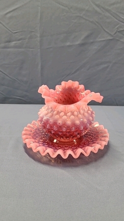 Opalescent Pink Hobnail Rose Bowl with Matching Saucer