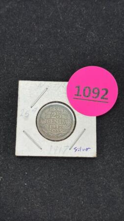 Netherlands 1917 25 Cent Silver Coin