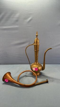 14in High Brass Urn & 12in Long Copper Horn