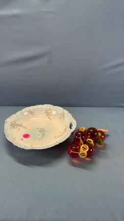Hand Painted 11in Bowl and Cluster of Glass Grapes