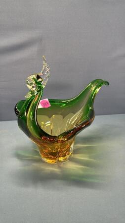 Art Glass Green & Amber Swan