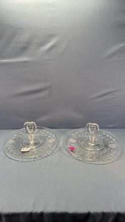 (2) Etched Glass 11in Serving Plates
