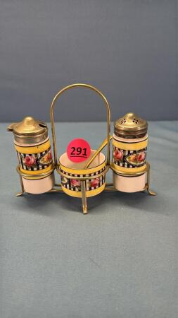 Hand Painted Condiment Set in Wire Stand