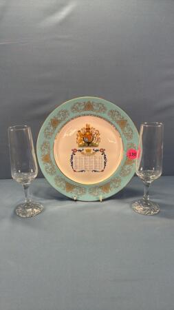 Aynsley 10in Plate & (2) 8in Champagne Glasses