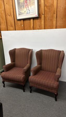 Pair of Striped Queen Anne Style Wing Back Chairs