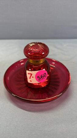 Cranberry Ink Well or Perfume Bottle w/Hinged Lid