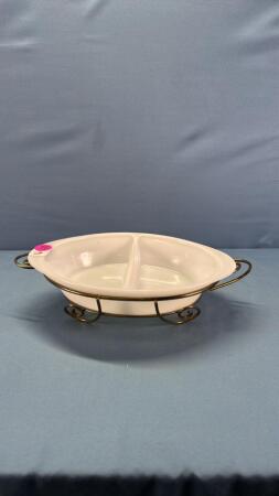 Glasbake Divided 12in Casserole in Metal Stand
