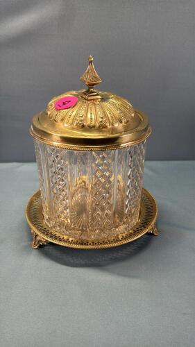 Ornate Glass Ice Bucket w/Footed Underplate & Lid