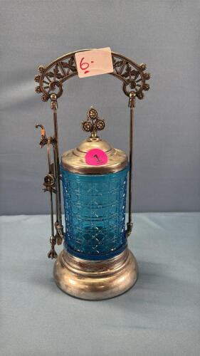Pickle Cruet with Blue Glass Insert & Tongs