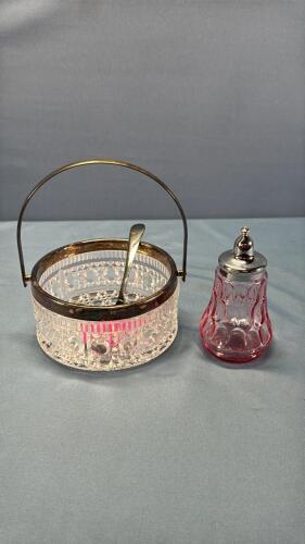 Glass & Silver Plate Jam Dish & Pink Shaker