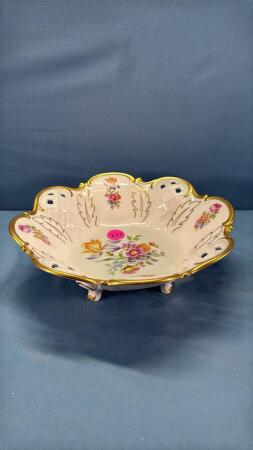 Gold trimmed 11in Footed Bowl with Floral Motief