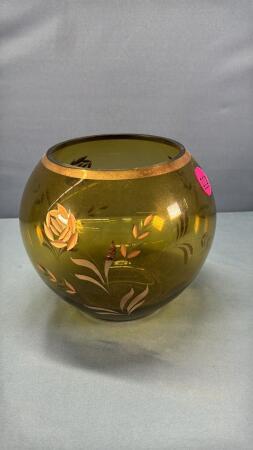Green 6in Tall Rose Bowl with Gold D&eacute;cor
