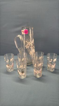 Vintage Swirl Glass 10in Pitcher w/(6) 4in Glasses