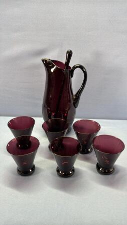 Purple Glass 9in High Pitcher&(6) 3in Tall Glasses