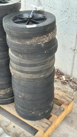 LOT OF 14 - 10IN RUBBER WHEELS ON POLY RIMS