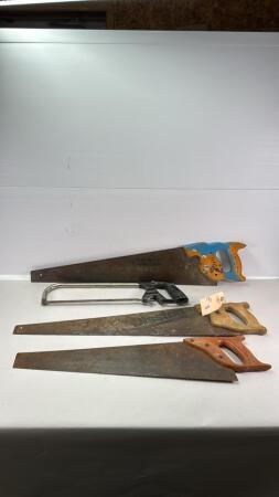 Three Wood Hand Saws and Hack Saw