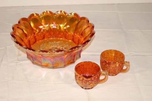 Carnival Glass Bowl & 2 Glasses Bowl 11" Diameter